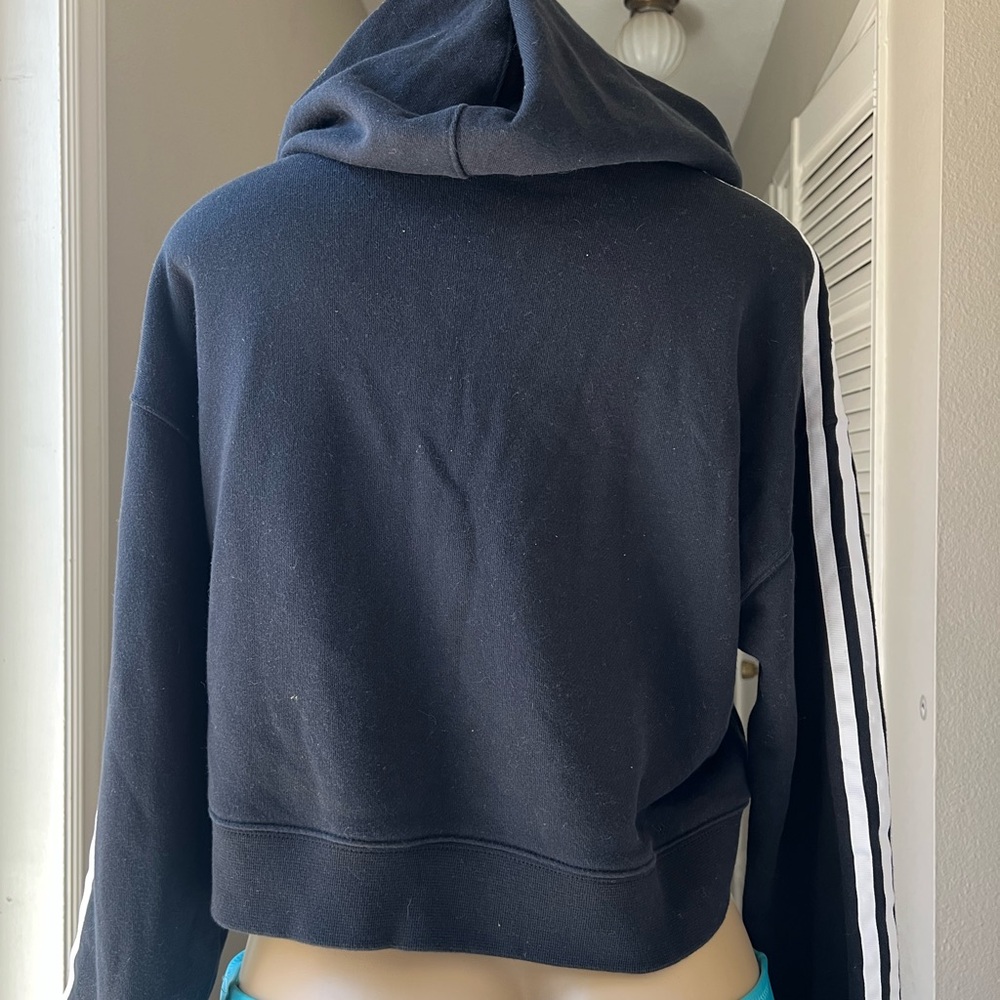 Adidas Black Hoodie with White Stripes pit 22 length 18 - Picture 2 of 5